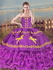 Latest Sweetheart Sleeveless Lace Up Quinceanera Gowns Purple Organza