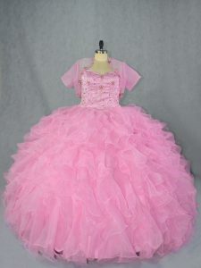 Affordable Sleeveless Organza Floor Length Lace Up 15 Quinceanera Dress in Baby Pink with Beading and Ruffles