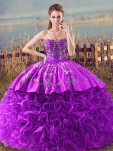 Classical Sleeveless Fabric With Rolling Flowers Brush Train Lace Up 15th Birthday Dress in Eggplant Purple and Purple with Embroidery and Ruffles