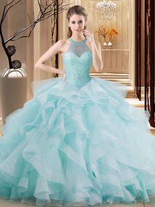 New Style Organza Halter Top Sleeveless Brush Train Lace Up Embroidery and Ruffles Sweet 16 Dresses in Light Blue