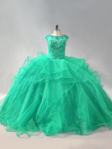 Turquoise Ball Gown Prom Dress Sweet 16 and Quinceanera with Beading and Ruffles Scoop Sleeveless Lace Up