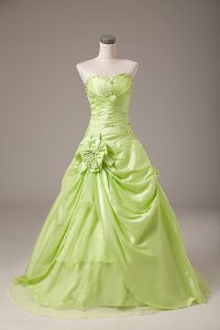 Yellow Green Ball Gowns Beading and Hand Made Flower Vestidos de Quinceanera Lace Up Organza Sleeveless Floor Length