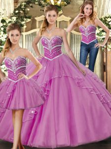 Low Price Sweetheart Sleeveless Quinceanera Gown Floor Length Beading Lilac Tulle