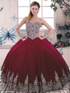 Burgundy Ball Gowns Sweetheart Sleeveless Tulle Floor Length Side Zipper Beading and Embroidery Quince Ball Gowns