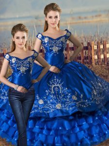Inexpensive Two Pieces 15 Quinceanera Dress Royal Blue Off The Shoulder Satin and Organza Sleeveless Floor Length Lace Up