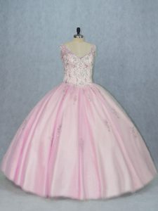 Decent V-neck Sleeveless Backless Quinceanera Dress Baby Pink Tulle