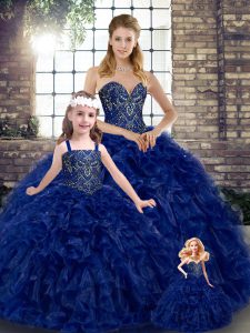 Hot Selling Royal Blue Sleeveless Organza Lace Up Quinceanera Dresses for Military Ball and Sweet 16 and Quinceanera
