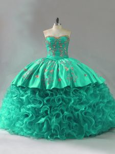 Ideal Green Quinceanera Gown Fabric With Rolling Flowers Court Train Sleeveless Embroidery and Ruffles