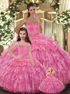 Latest Rose Pink Ball Gown Prom Dress Sweet 16 and Quinceanera with Ruffled Layers Sweetheart Sleeveless Lace Up