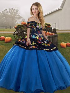 Flirting Blue And Black Lace Up Off The Shoulder Embroidery Quinceanera Gown Tulle Sleeveless
