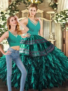 High Class Turquoise Backless V-neck Appliques and Ruffles Quince Ball Gowns Organza Sleeveless