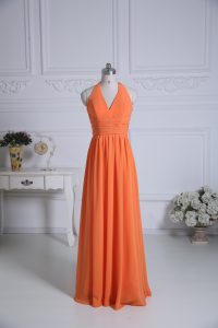 Orange Sleeveless Ruching Floor Length Dama Dress for Quinceanera