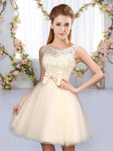 Fabulous A-line Quinceanera Dama Dress Champagne Scoop Tulle Sleeveless Mini Length Lace Up