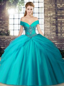 Teal Quince Ball Gowns Military Ball and Sweet 16 and Quinceanera with Beading and Pick Ups Off The Shoulder Sleeveless Brush Train Lace Up