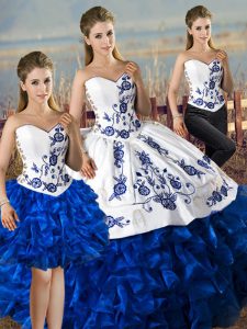 Sweetheart Sleeveless Satin and Organza Quinceanera Dresses Embroidery and Ruffles Lace Up