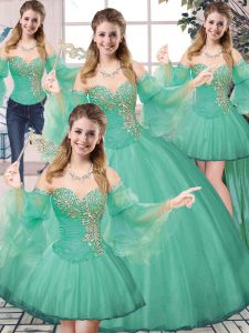 Tulle Sweetheart Sleeveless Lace Up Beading Sweet 16 Dresses in Turquoise
