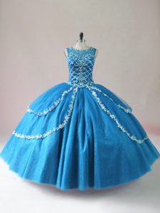 Sweet Scoop Sleeveless Tulle Quinceanera Dresses Beading and Appliques Lace Up