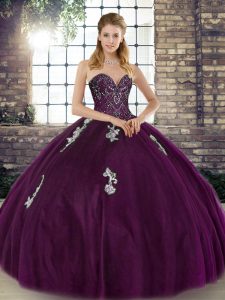 Latest Dark Purple Sweetheart Neckline Beading and Appliques Sweet 16 Dresses Sleeveless Lace Up