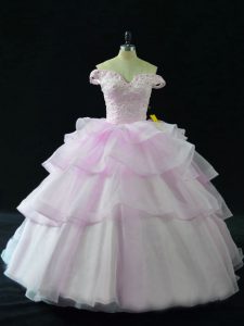 Hot Selling Off The Shoulder Sleeveless Quinceanera Dresses Brush Train Beading and Ruffled Layers Lilac Organza