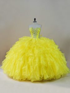 Yellow Sweetheart Lace Up Beading and Ruffles Ball Gown Prom Dress Sleeveless
