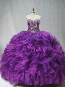 Simple Sleeveless Beading and Ruffles Lace Up Quinceanera Dresses with Purple Brush Train