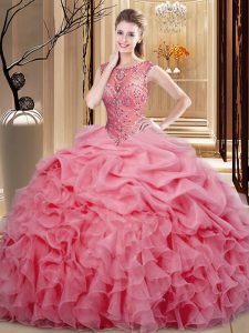 Organza Scoop Sleeveless Lace Up Beading and Ruffles and Pick Ups Vestidos de Quinceanera in Pink