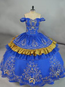 Sumptuous Blue Off The Shoulder Lace Up Embroidery Quince Ball Gowns Sleeveless