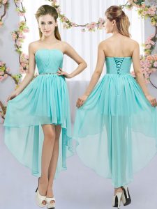 Aqua Blue Chiffon Lace Up Court Dresses for Sweet 16 Sleeveless High Low Beading