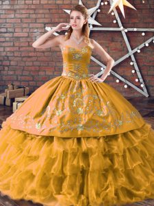 Sumptuous Gold Sleeveless Floor Length Embroidery and Ruffled Layers Lace Up Quinceanera Dress