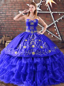 Modern Royal Blue Ball Gowns Sweetheart Sleeveless Organza Floor Length Lace Up Embroidery and Ruffled Layers 15 Quinceanera Dress