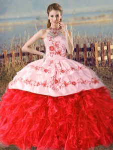 Red Organza Lace Up Halter Top Sleeveless Floor Length 15th Birthday Dress Court Train Embroidery and Ruffles