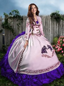 Floor Length White And Purple Sweet 16 Dresses Satin Sleeveless Embroidery and Ruffles