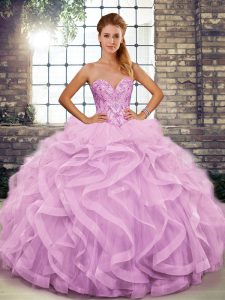 Custom Made Floor Length Lilac Sweet 16 Quinceanera Dress Tulle Sleeveless Beading and Ruffles