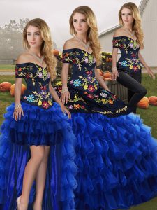 Sleeveless Organza Floor Length Lace Up Quinceanera Dress in Blue And Black with Embroidery and Ruffled Layers