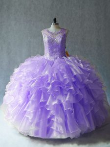 Popular Lavender Organza Lace Up Quinceanera Gowns Sleeveless Floor Length Beading and Ruffles