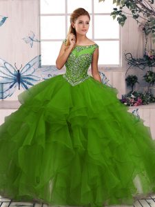 Organza Scoop Sleeveless Zipper Beading and Ruffles Ball Gown Prom Dress in Green