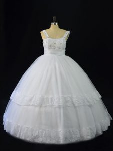 Straps Sleeveless Tulle 15th Birthday Dress Beading and Appliques Lace Up