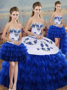 Royal Blue Organza Lace Up Sweetheart Sleeveless Floor Length Sweet 16 Quinceanera Dress Embroidery and Ruffled Layers and Bowknot