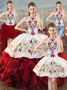 Nice Embroidery and Ruffles 15th Birthday Dress White And Red Lace Up Sleeveless Floor Length