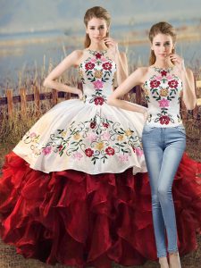 Two Pieces Sweet 16 Quinceanera Dress White And Red Halter Top Organza Sleeveless Floor Length Lace Up