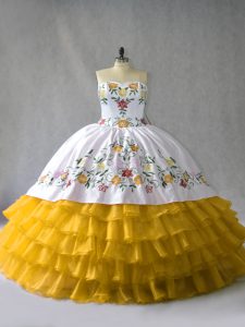 Edgy Gold Sweetheart Neckline Embroidery and Ruffled Layers Sweet 16 Quinceanera Dress Sleeveless Lace Up