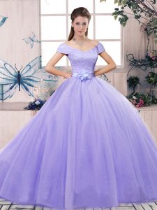 Low Price Short Sleeves Floor Length Lace and Hand Made Flower Lace Up Quinceanera Dresses with Lavender
