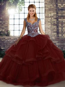 Hot Sale Burgundy Sleeveless Floor Length Beading and Ruffles Lace Up Quinceanera Dresses
