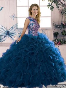 Scoop Sleeveless Quinceanera Dresses Floor Length Beading and Ruffles Royal Blue Organza
