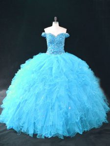 Deluxe Aqua Blue Quinceanera Gowns Sweet 16 and Quinceanera with Beading and Ruffles Off The Shoulder Sleeveless Lace Up