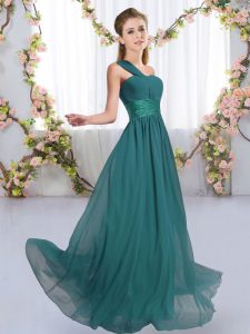 Inexpensive Peacock Green Empire One Shoulder Sleeveless Chiffon Floor Length Lace Up Ruching Dama Dress