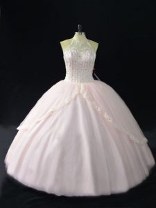 Stylish Ball Gowns Vestidos de Quinceanera Pink Halter Top Tulle Sleeveless Floor Length Lace Up