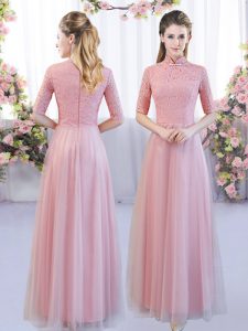 High-neck Half Sleeves Zipper Quinceanera Court of Honor Dress Pink Tulle