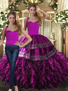 Gorgeous Fuchsia Halter Top Neckline Embroidery and Ruffles Quince Ball Gowns Sleeveless Lace Up