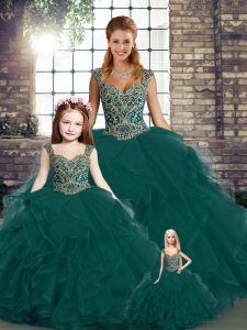 Tulle Straps Sleeveless Lace Up Beading and Ruffles Quinceanera Gowns in Peacock Green